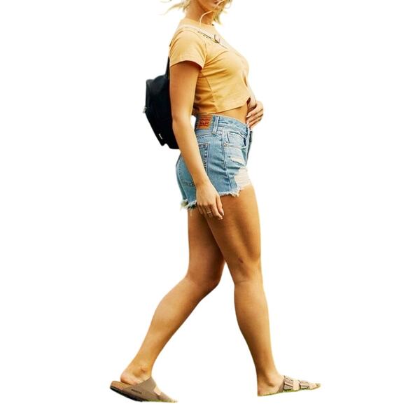 LEVI'S 501 High Rise Cut Off Denim Shorts Size 32 Quiet Riot Button Fly Festival - Picture 3 of 9